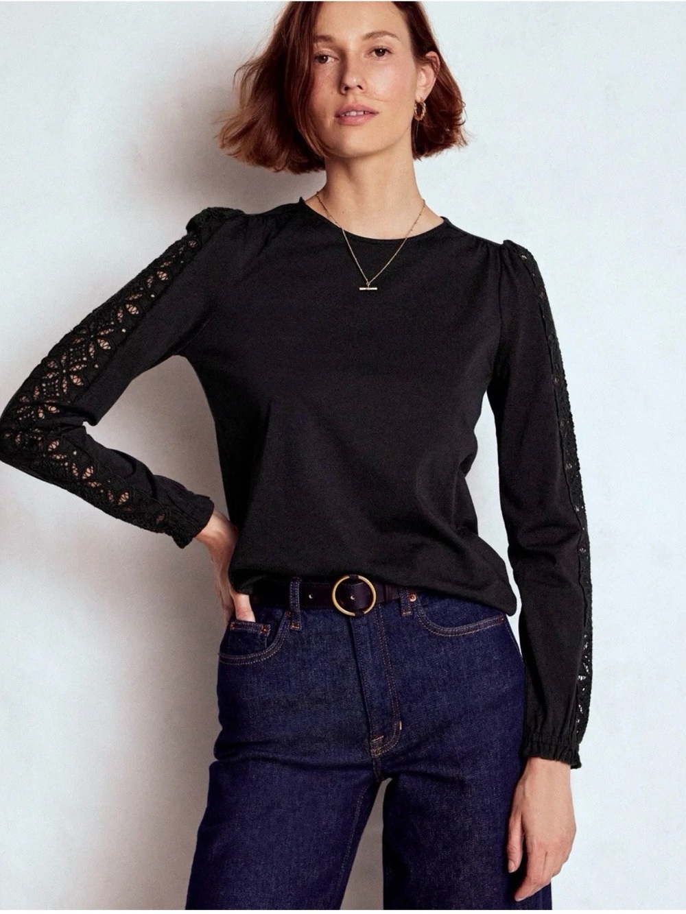 Boden Black Scarlett Broderie Trim Top Size 2